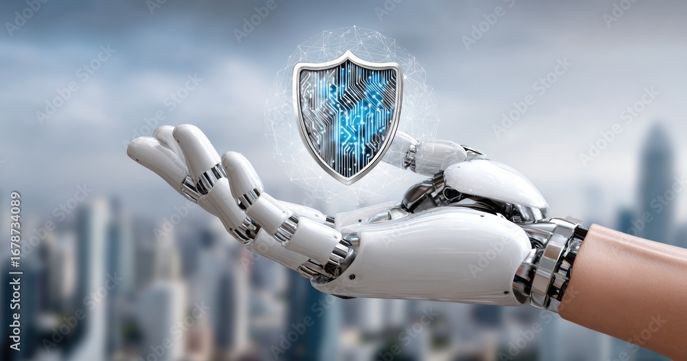 Poster a robotic hand holds a digital shield symbolizing security and technology integration. the futuristi