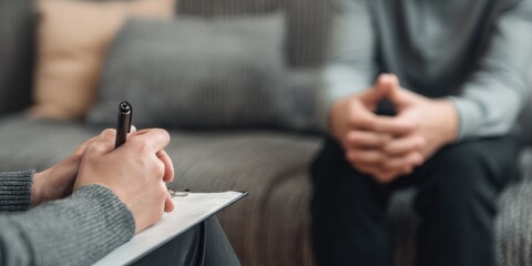 Therapist and client engaged in session focusing on mental health and personal development in a cozy setting