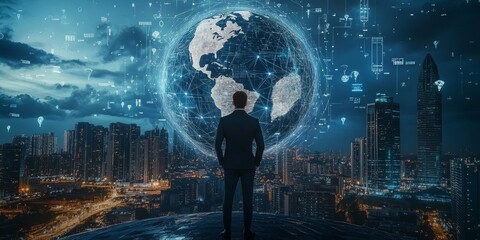 Visionary leader stands on rooftop, gazing at a digital globe and city skyline, overseeing growth.