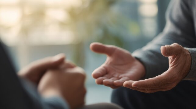 People engaging in a deep conversation with open gestures in a bright, modern indoor setting