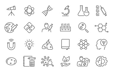 Science web icons in line style. Genetics, biology, chemistry, astronomy, logics, psychology, medicine, collection. Vector illustration.