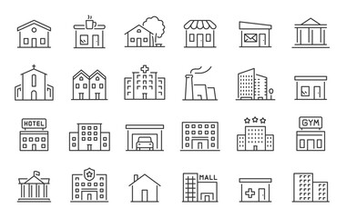 Building web icons in line style. Hotel, hospital, apartament, city, town house, mall, coffee, collection. Vector illustration.