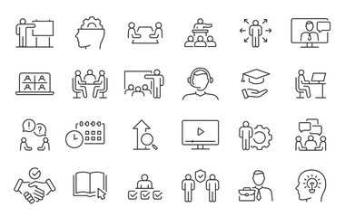 Training web icons in line style. Education, seminar, online test, webinar, course, distance learning collection. Vector illustration.