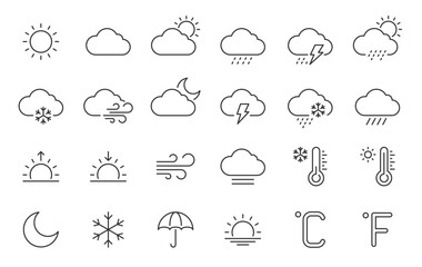 Weather web icons in line style. Clouds, sun, moon, snowflakes, wind, sunny day, collection. Vector illustration.