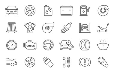 Auto service and garage web icons in line style. Car, automobile, wash, shop, oil, maintenance, engine, diagnostic, rapair, tire. Vector illustration.