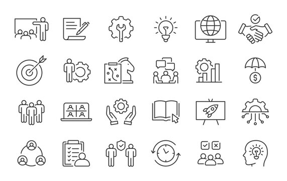 Workshop web icons in line style. Teamwork, training, business, partnership, goals, coaching, collection. Vector illustration.
