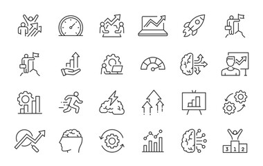 Progress web icons in line style. Brainstorming, creativity, skill, strategy, startup, management, collection. Vector illustration.