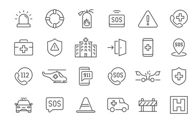 Emergency web icons in line style. Evacuation, SOS emergency call, ambulance, help, emergency hotline, exit, collection. Vector illustration.