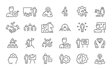 Leadership web icons in line style. Vision, teamwork, goal, strategy, skill, collection. Vector illustration.