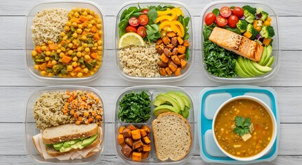 Colorful Healthy Meals in Clear Containers on White Wood Background