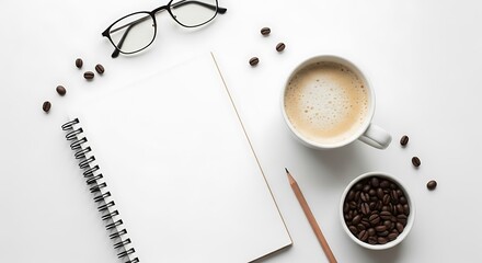 Flat lay of coffee beans notebook glasses and coffee for creative work