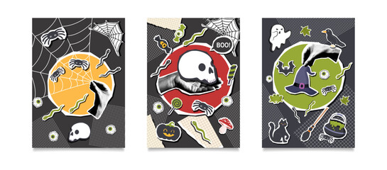 Set of halloween collage posters with stickers elements and photo of a human hands holding a halloween objects. Halloween backgrounds. Halloween concept. Vector flat illustrations.