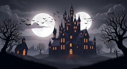 Spooky castle on a hill under full moon halloween night scene