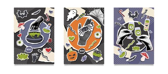 Set of halloween collage posters with stickers elements and photos of a human hands holding a halloween cliparts. Halloween templates. Halloween concept. Vector flat illustrations.