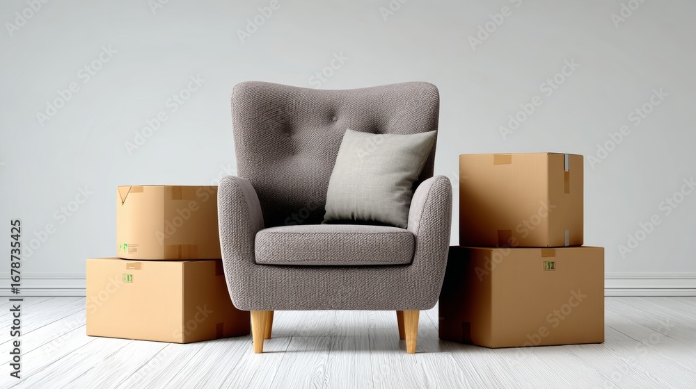 Poster cozy gray armchair with a soft cushion, surrounded by neatly stacked cardboard boxes, creating a war