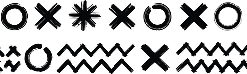 A collection of hand-drawn style symbols including circles, crosses, zigzags, and starbursts in black on a white background.