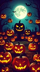 Halloween pumpkins under a full moon