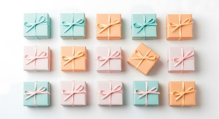 Festive pastel gift boxes arranged neatly studio shot top view