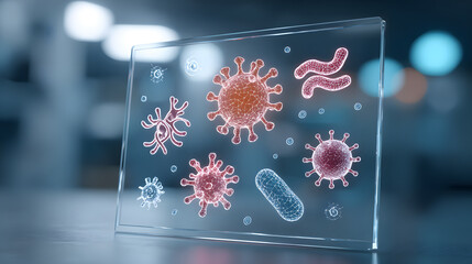 Scientific Illustration of Viruses and Bacteria on Clear Display in Laboratory Environment
