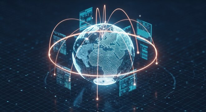 Digital globe with connected screens, on grid, connected by orange lines