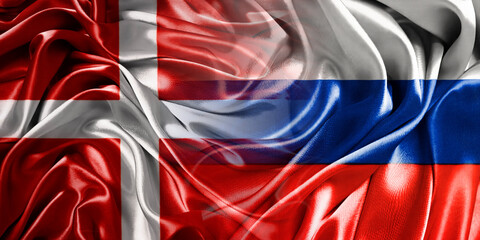 The national flags of Russia and Denmark are combined into one and placed side by side on a...