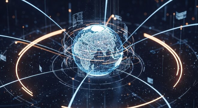 Digital globe surrounded by glowing arcs and data streams in a dark space