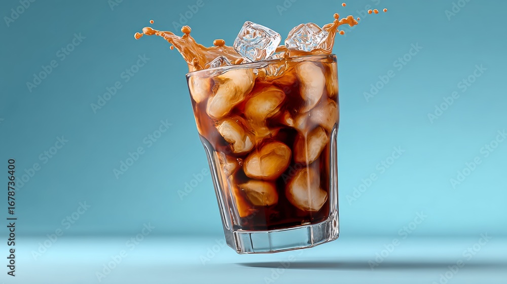Poster glass filled with ice cubes and dark beverage splashing against a vibrant blue background, capturing