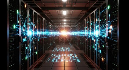 Illuminated corridor of a cutting-edge data center, packed with powerful server racks and supercomputers