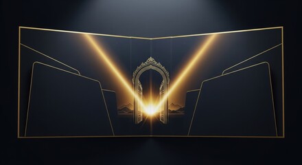Sacred prophetic vision: luxurious midnight navy presentation folder with golden sunrise arch and mountain landscape