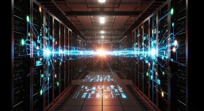 Illuminated corridor of a cutting-edge data center, packed with powerful server racks and supercomputers - Powered by Adobe