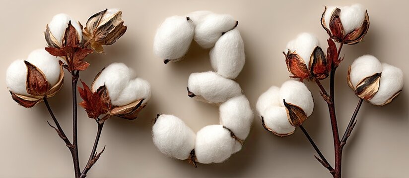 Cotton bolls arranged to form the number 333 on a beige background