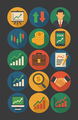 Flat Business and Finance Icon Set – Vector Illustration of Charts, Growth, Coins, Documents, Teamwork, Handshake, Laptop, and Investment Symbols