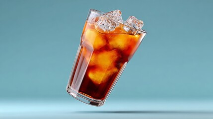 Refreshing glass of iced coffee with ice cubes floating, captured against a soft blue background, showcasing the beverage's rich color and inviting texture, perfect for summer beverage promotions