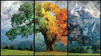 Tree Through Seasons Triptych Art