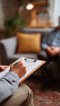 Therapist conducts counseling session with client in cozy office setting