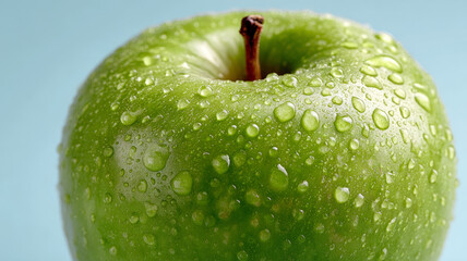 Close-up of a dewy green apple with a blue background.