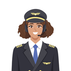 Female airline pilot wearing a headset and formal uniform with captain epaulets. Flat Vector character illustration
