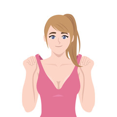 Confident young woman in a pink dress holding her shoulder straps with a cheerful expression. Flat Vector character illustration