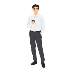 Young man in formal attire standing casually while holding a smartphone and looking forward. Flat Vector character illustration