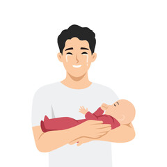 Joyful father with tears of happiness holding his newborn baby gently in his arms. Flat Vector character illustration