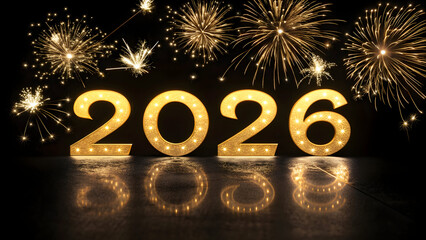Glowing golden 2026 numbers with fireworks and reflections on full hd 4k stock image download black background