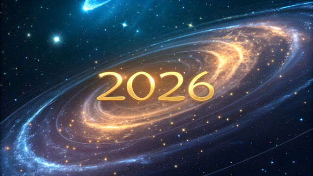 Golden 2026 Numerals Floating in a Swirling Blue and Orange Nebula Galaxy full hd 4k stock image download