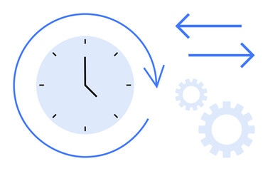 Clock with circular arrow, two direction arrows, and gears showing process optimization, time management, workflow, system automation, task scheduling, efficiency, simple flat metaphor