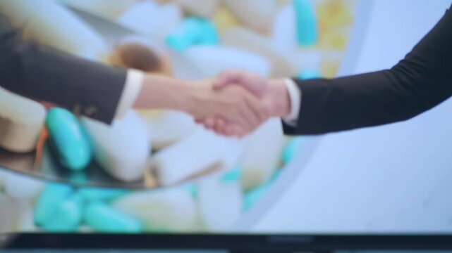 Pharmaceutical representatives of pharmaceutical companies shake hands and win-win cooperation.