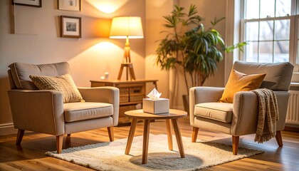 Warm Cozy Living Room Interior with Armchairs, Lamp, and Indoor Plants