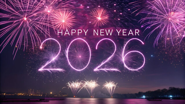 Vibrant purple and pink fireworks illuminate the night sky above a city skyline and water full hd 4k stock image download