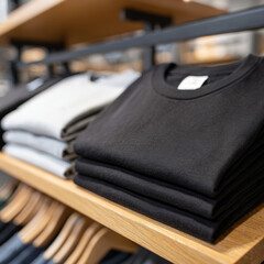 Stack of folded black t-shirts on a store shelf.