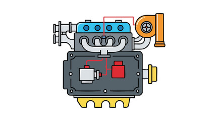 Fototapeta premium Detailed schematic illustration of a turbocharged combustion engine mechanism with interconnected components for engineering education and diagnostics