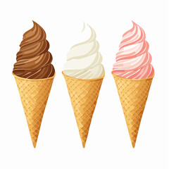 A vector set of five different ice cream treats. Popsicle, cone with scoops, layered pop, twist pop, soft serve. Ice cream illustrations.
