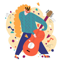 vector illustration in flat style on the theme of carnival, holiday, festa junina. Dancing people with maracas and drums. Music, festive atmosphere